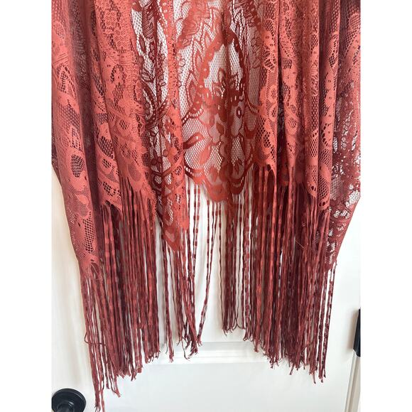 emerette Dusty Rose Pink Lace Open Front Kimono Cardigan with Long Fringe - Picture 6 of 7